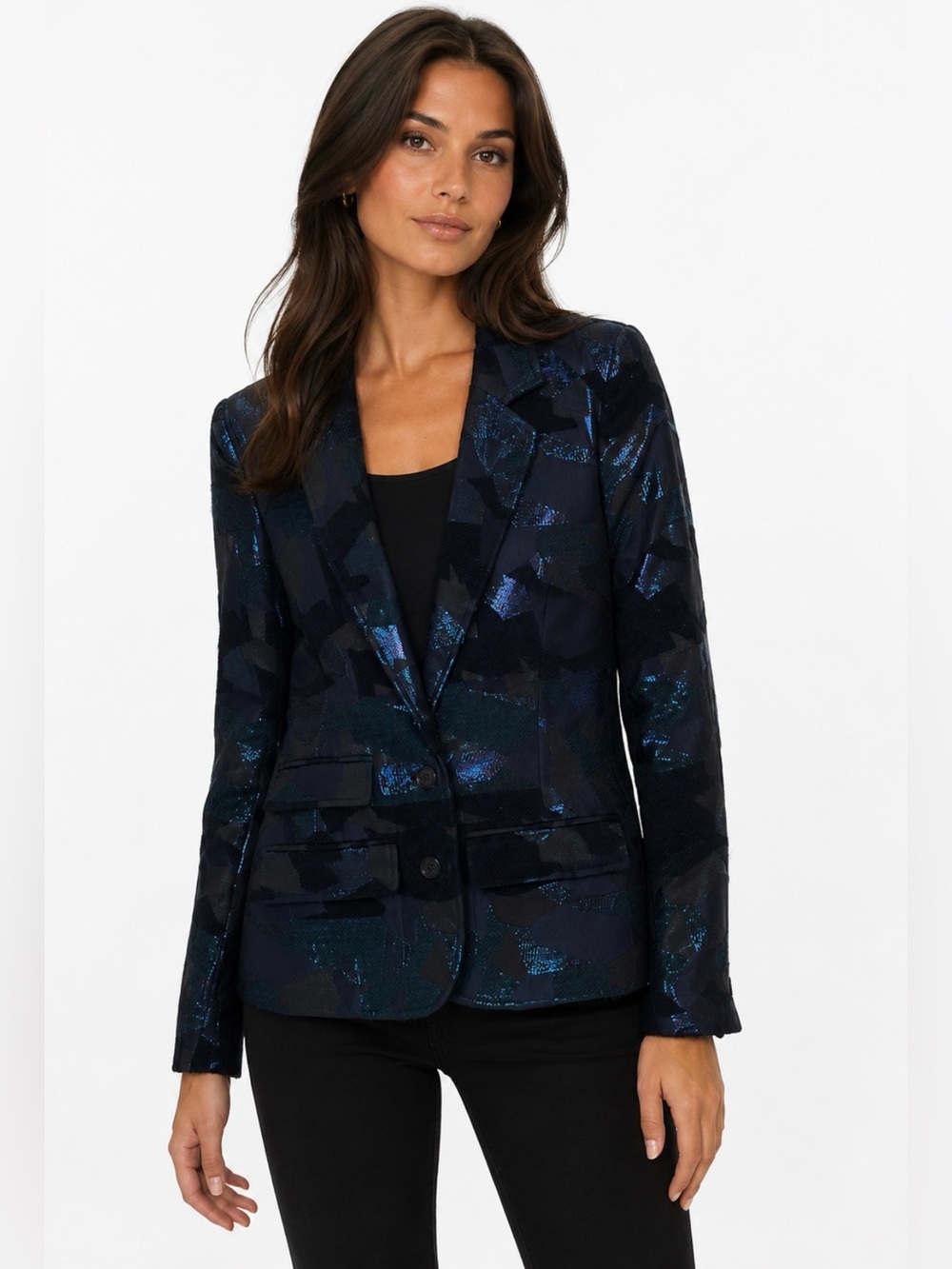 Billy Reid Metallic Jacquard Blazer Tailored Camo-Inspired Pattern Blue Size 4